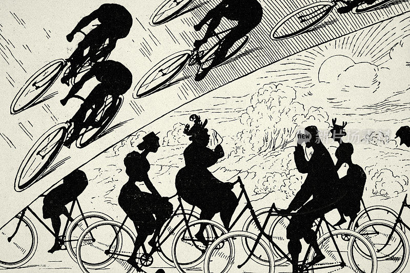 复古插图，骑自行车的人的剪影，1890年代，19世纪