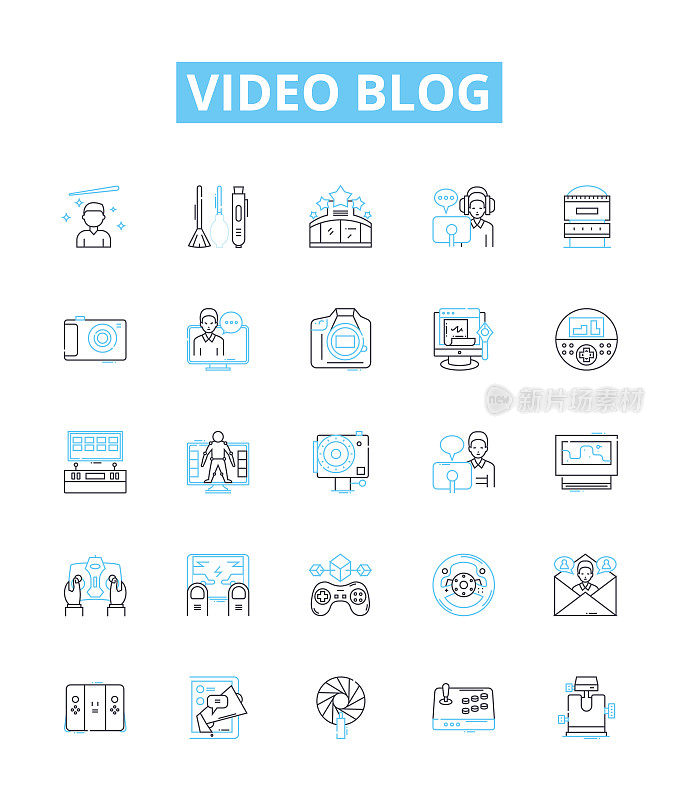 视频博客矢量线图标设置。Vlog，视频博客，视频博客，博客，视频日志，流媒体，YouTube插图大纲概念符号和标志