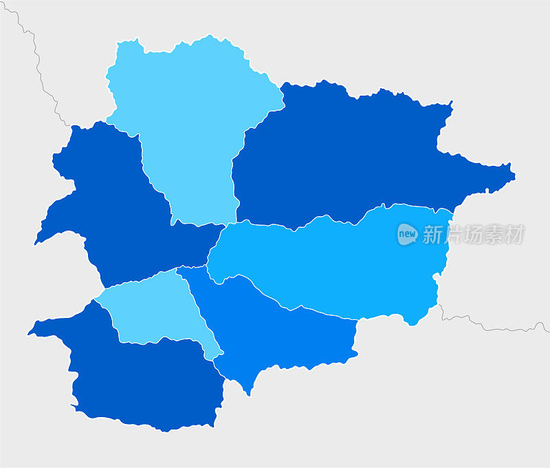 高详细的安道尔蓝色地图与地区和国家边界的法国，西班牙