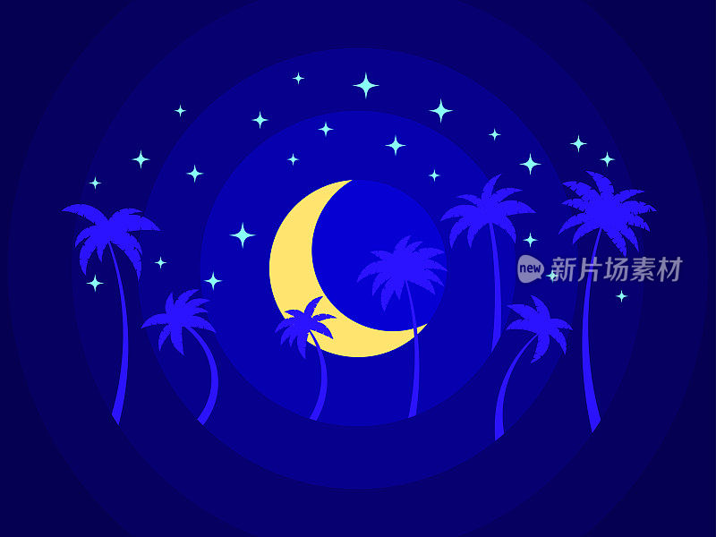 剪纸风格的月亮和棕榈树。热带夜景，棕榈树，新月和星星。设计印刷品，海报和横幅。矢量图