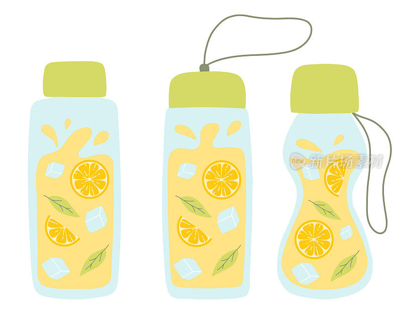 一套装柠檬水的瓶子。由柠檬片、薄荷和冰块组成的清凉柠檬水。