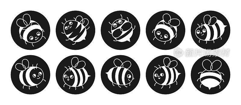 蜜蜂蜂蜜人物雕刻符号集漫画儿童蜜蜂昆虫人物有趣的情感面孔