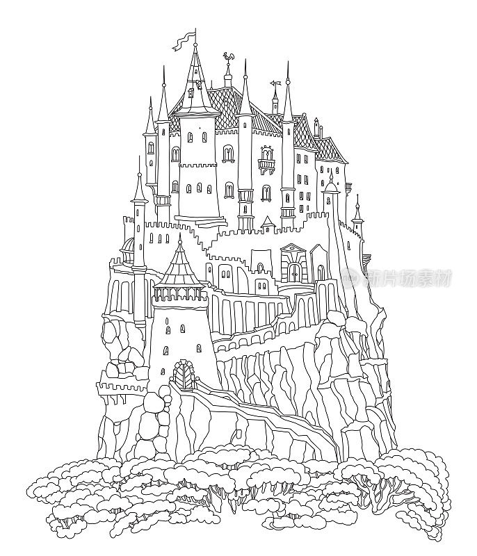 梦幻的风景与童话般的城堡在山上，松树。涂色书页