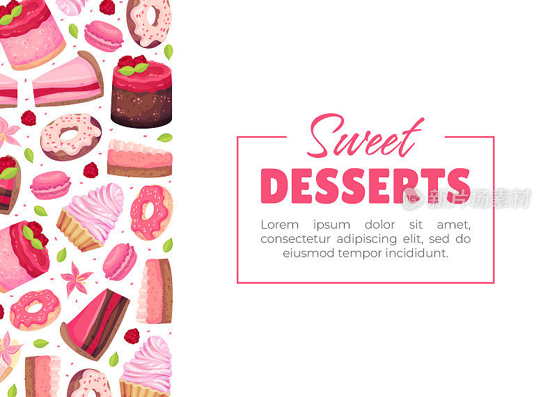 甜覆盆子甜点横幅设计与奶油蛋糕和甜甜圈矢量模板
