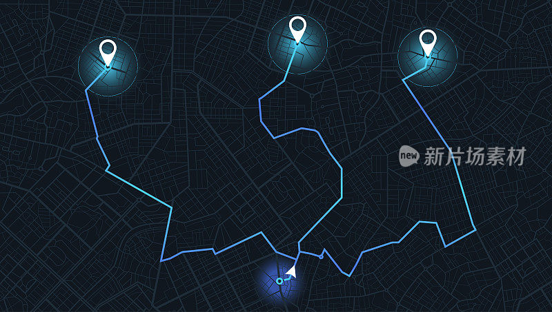 GPS导航屏幕与街道道路和位置，目的地点城市俯视图，用于应用和动画。矢量，插图孤立。城市高速公路规划，最终目的地