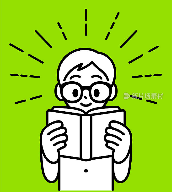 一个戴着牛角框眼镜的好学男孩正在愉快地看书，极简风格，黑白轮廓