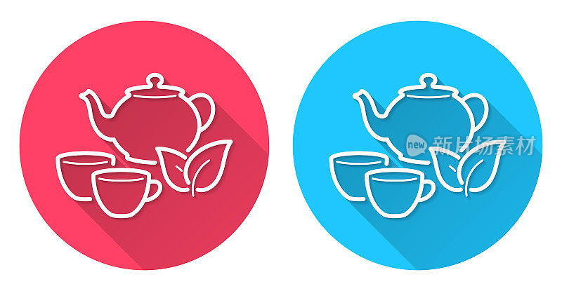 茶壶和杯子。圆形图标与长阴影在红色或蓝色的背景