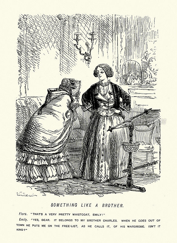 对女性时尚的讽刺,穿男人马甲的女人,约翰・里奇,维多利亚时代的幽默喜剧,19世纪中期