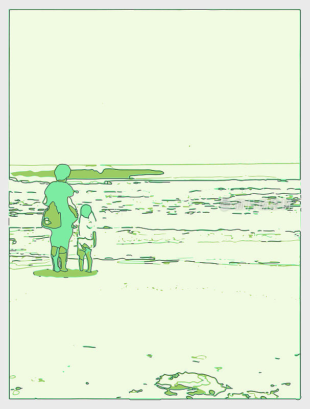 轮廓risograph风格的母亲与女儿在海滩插图背景