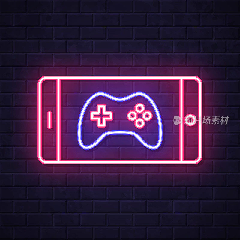 智能手机上的视频游戏。在砖墙背景上发光的霓虹灯图标