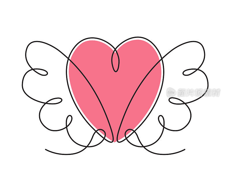 可爱的粉红色心脏单线画与丘比特的翅膀