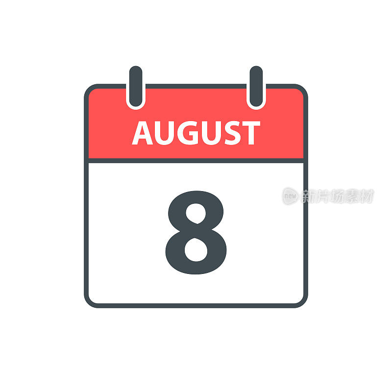 8月8日-每日日历图标在白色背景上的平面设计风格