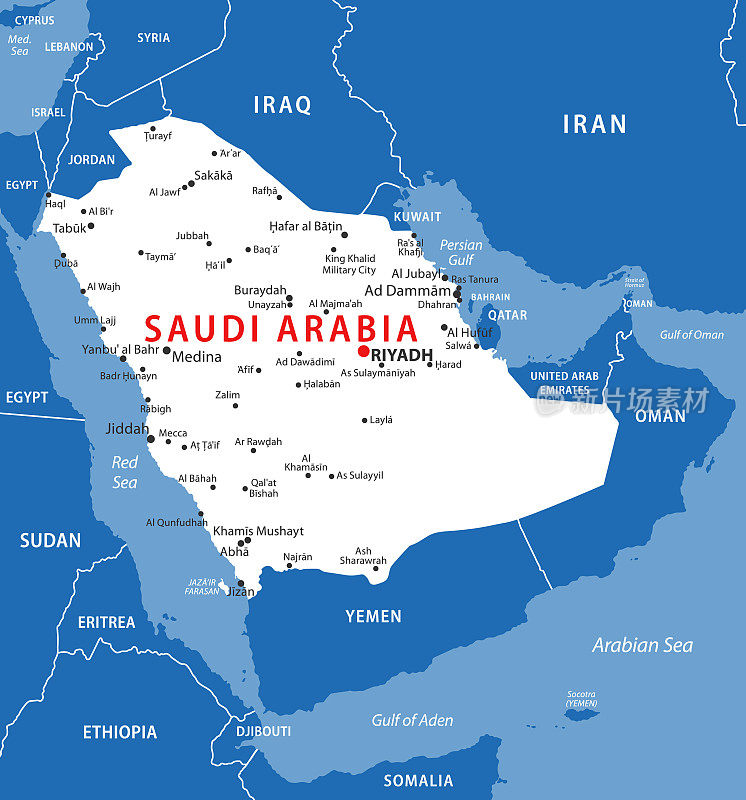 沙特阿拉伯地图。沙特阿拉伯矢量彩色地图