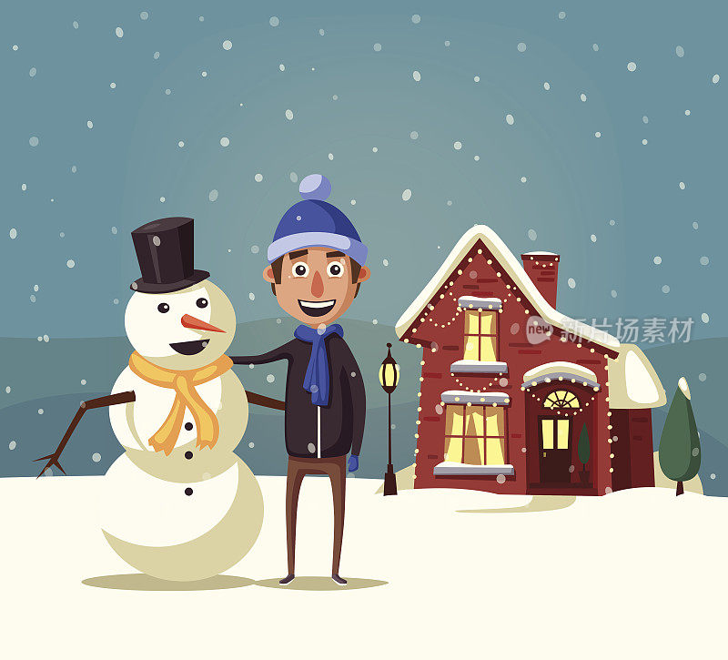 圣诞快乐。男孩和雪人。卡通矢量图