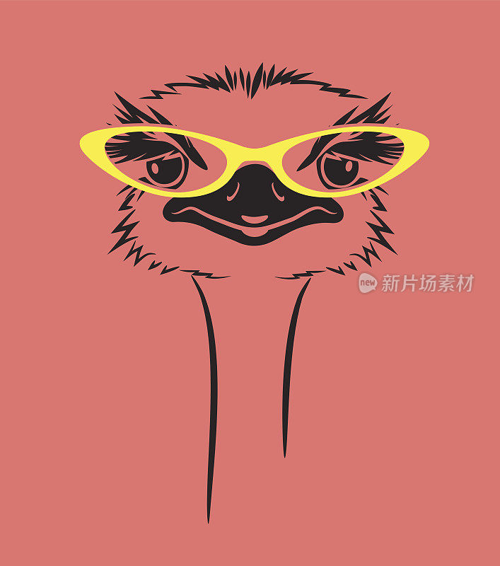 戴眼镜的滑稽鸵鸟。适合t恤、海报、印花设计