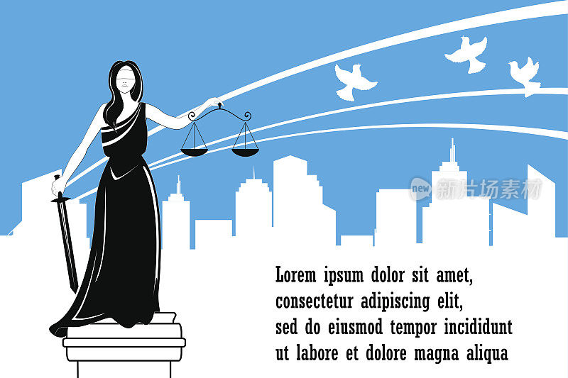 正义女神忒弥斯以城市为背景。