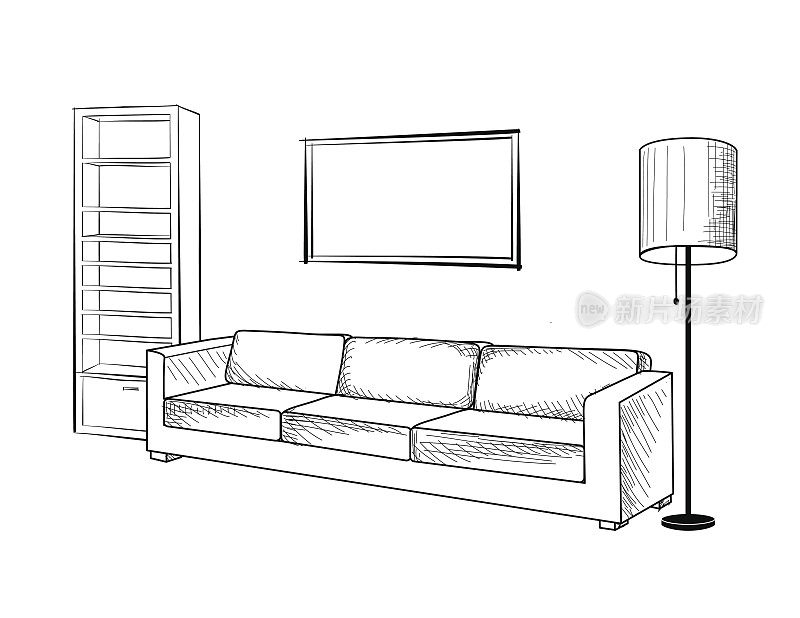 室内家具。客厅设计的涂鸦草图。