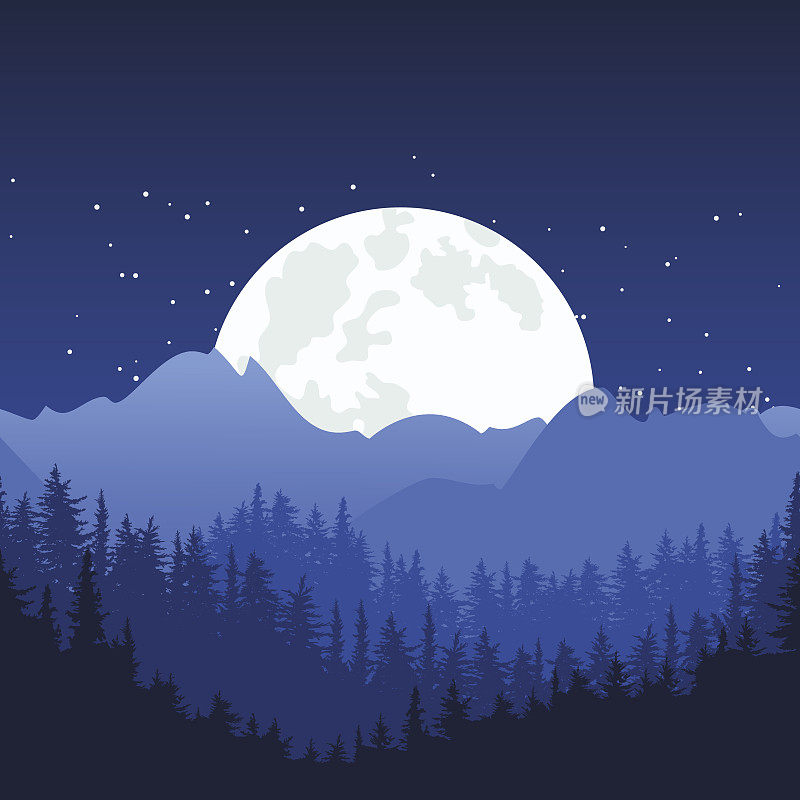 夜晚的山景和满月的天空。