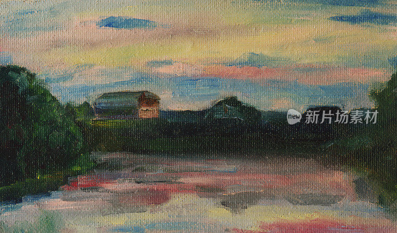 夏夜，海边的房子，油画