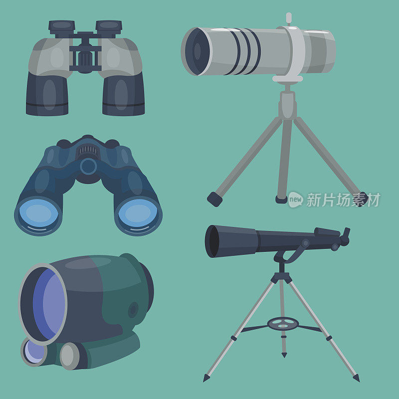 专业相机镜头双筒望远镜镜片看视望远镜光学装置相机数码聚焦光学设备矢量插图