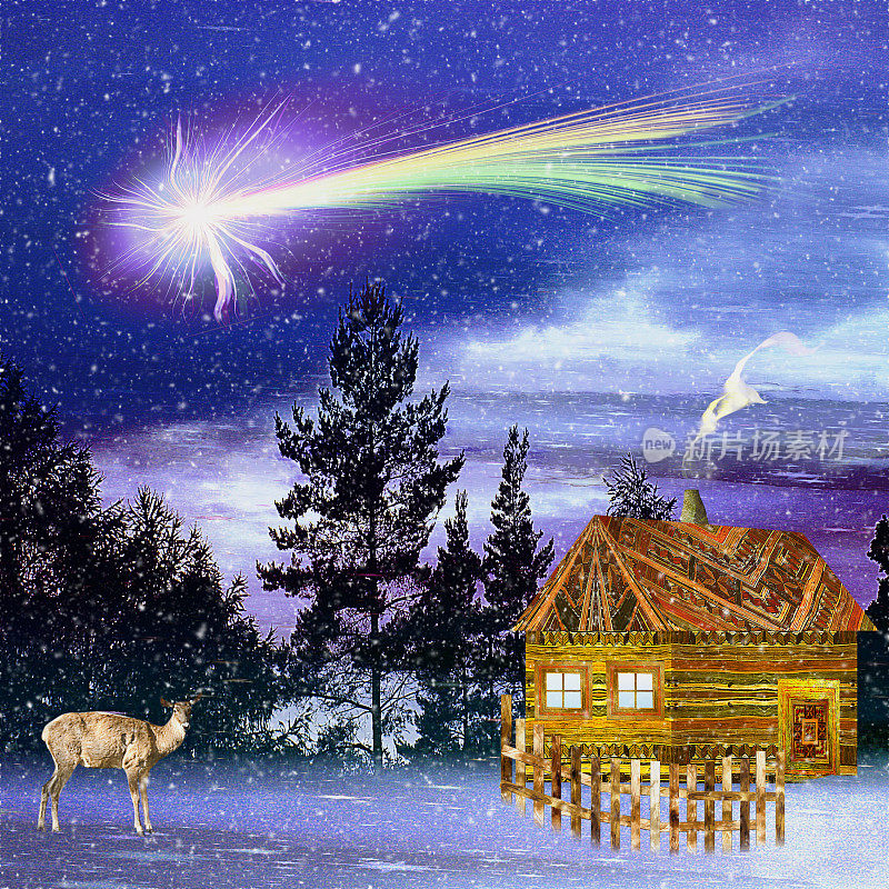 圣诞雪景与木雕的房子和鹿