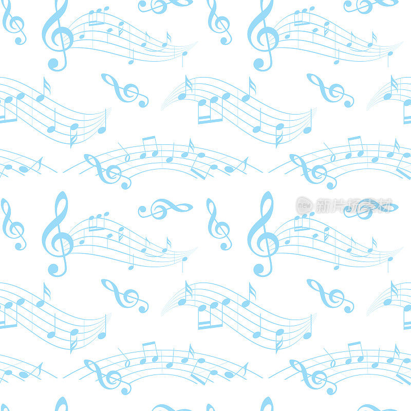 白色和蓝色无缝模式与波浪音乐音符-向量背景
