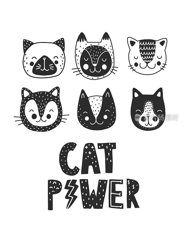 有猫和字母的海报。猫的力量。