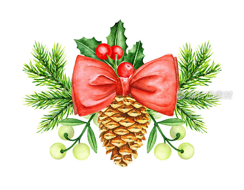 圣诞花环。冬青浆果，槲寄生早午餐，松果，松树早午餐边界。水彩插图