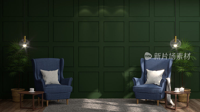 蓝色扶手椅在绿色墙壁前，白色的灯和餐具柜在复古空房间3d渲染豪华客厅现代世纪中期房间内部