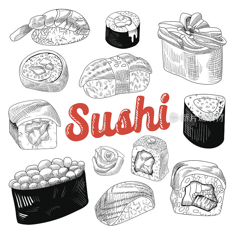 日本食物手绘涂鸦孤立的白色背景。寿司，米饭和鲜鱼卷。向量草图