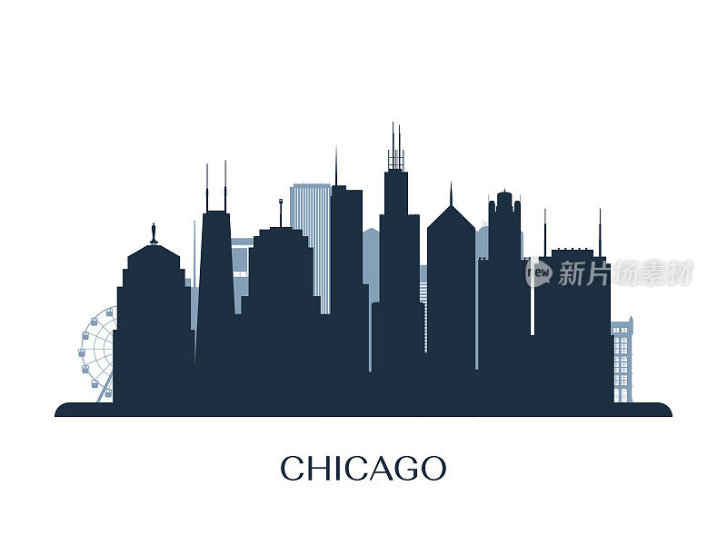 芝加哥的天际线，单色剪影。矢量插图。