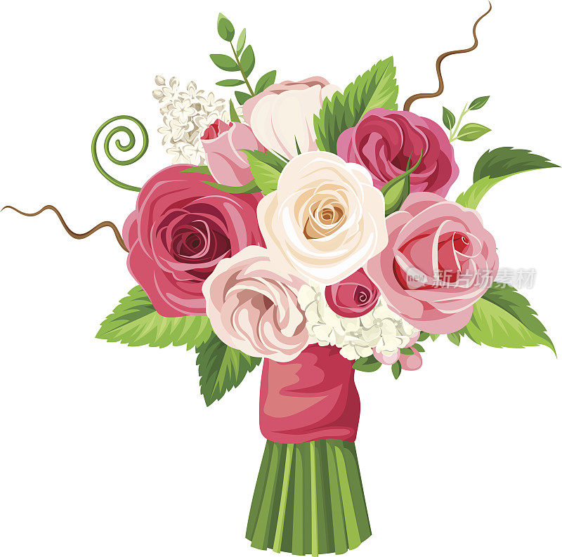 一束红色、粉色和白色的花。矢量插图。