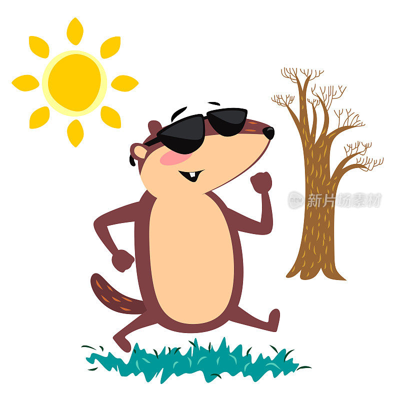 快乐的土拨鼠日设计，可爱的土拨鼠戴着太阳镜在阳光下漫步公园，预测天气，动物爬出地洞过冬后，猪食虫病载体插图
