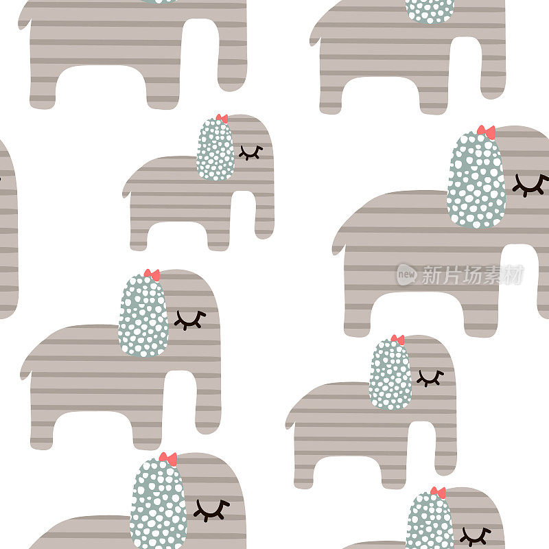 无缝图案与可爱的srtipes大象在斯堪的纳维亚风格。创意向量儿童背景的儿童织物，纺织品，包装，服装