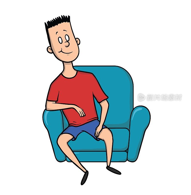 年轻人坐在椅子上休息。卡通人物插图，孤立在白色背景。