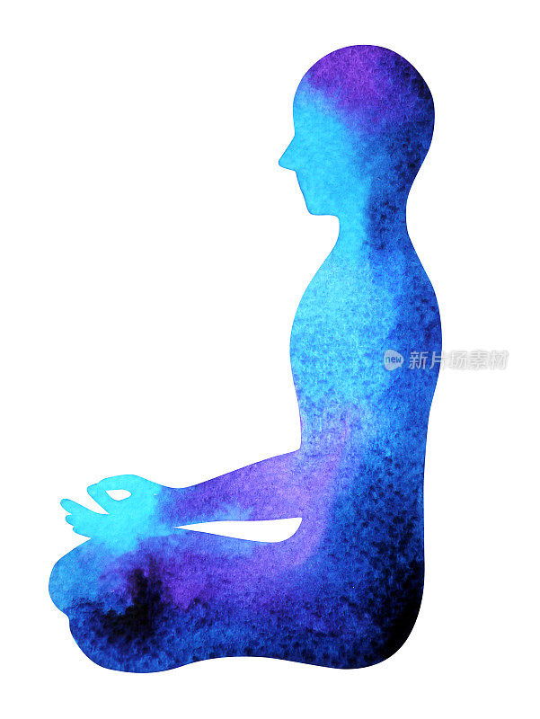 蓝色脉轮人体莲花姿势瑜伽，抽象世界，你心中的宇宙心理，水彩画插图设计手绘，剪切路径