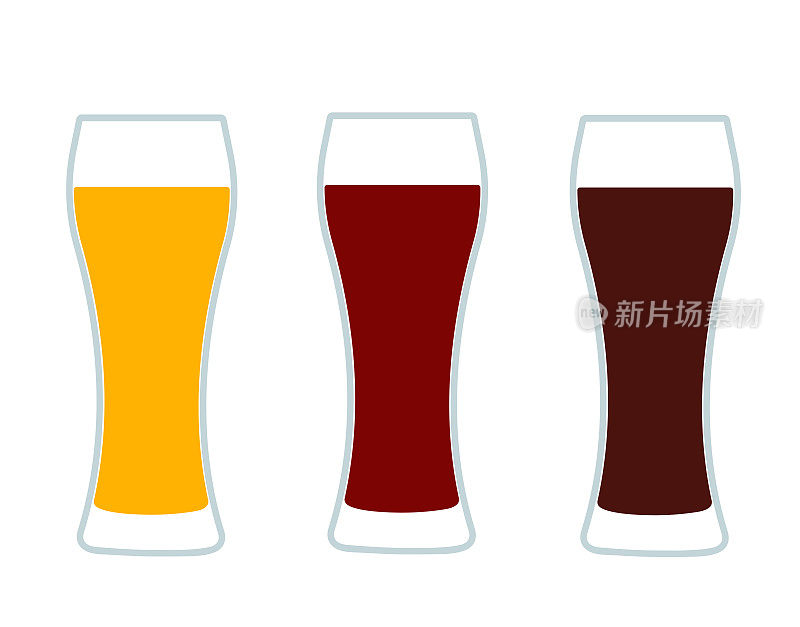 啤酒杯，三种版本的淡啤酒，黑啤酒和琥珀啤酒。