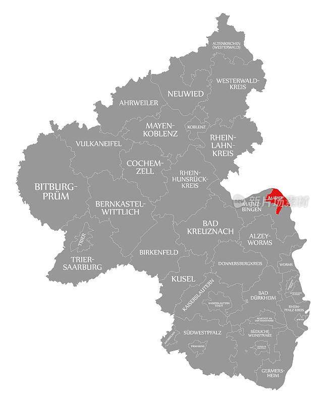 莱茵兰-普法尔茨地图上的美因茨红色高亮显示