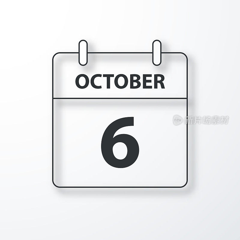 10月6日-每日日历-黑色轮廓与阴影在白色背景