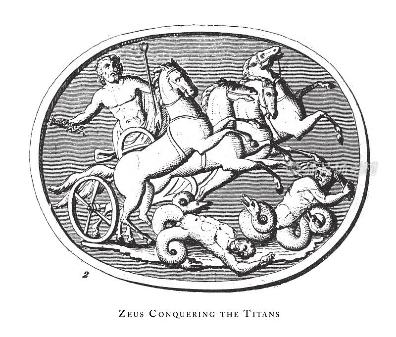 《宙斯征服泰坦、古典神和神话人物》雕刻古玩插图，1851年出版