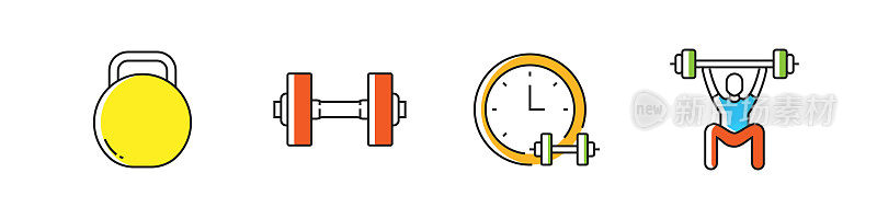 健身和锻炼相关的矢量线图标。大纲符号集合