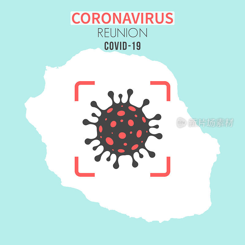 红色取景器上有冠状病毒(COVID-19)细胞的留尼汪地图