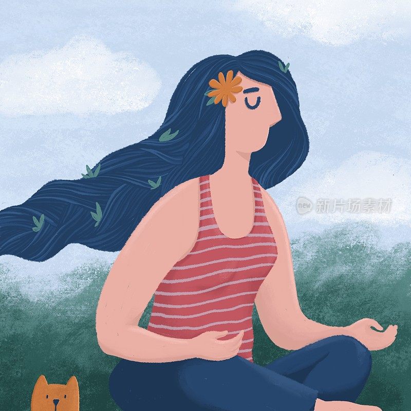 年轻女子坐在冥想姿势与她的长发飘荡，和一只好奇的猫，思想和身体平衡自由冥想，概念，栅格插图。沉思的女人和一只有趣的猫