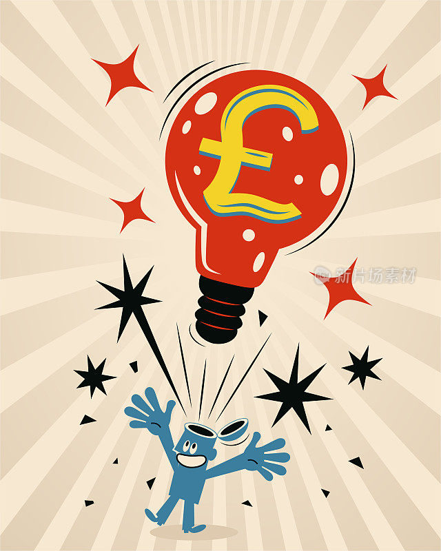 超级棒的想法，有英镑标志(英国货币)的灯泡来自一个蓝色的人的开放的头。关于知识货币化的概念(将知识转化为金钱)