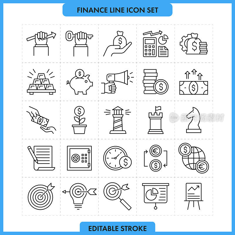 财务和成功线图标设置。可编辑的中风