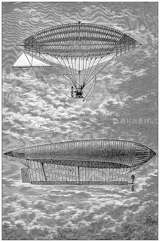 科学发现，实验和发明的古董插图:热气球，齐柏林飞艇