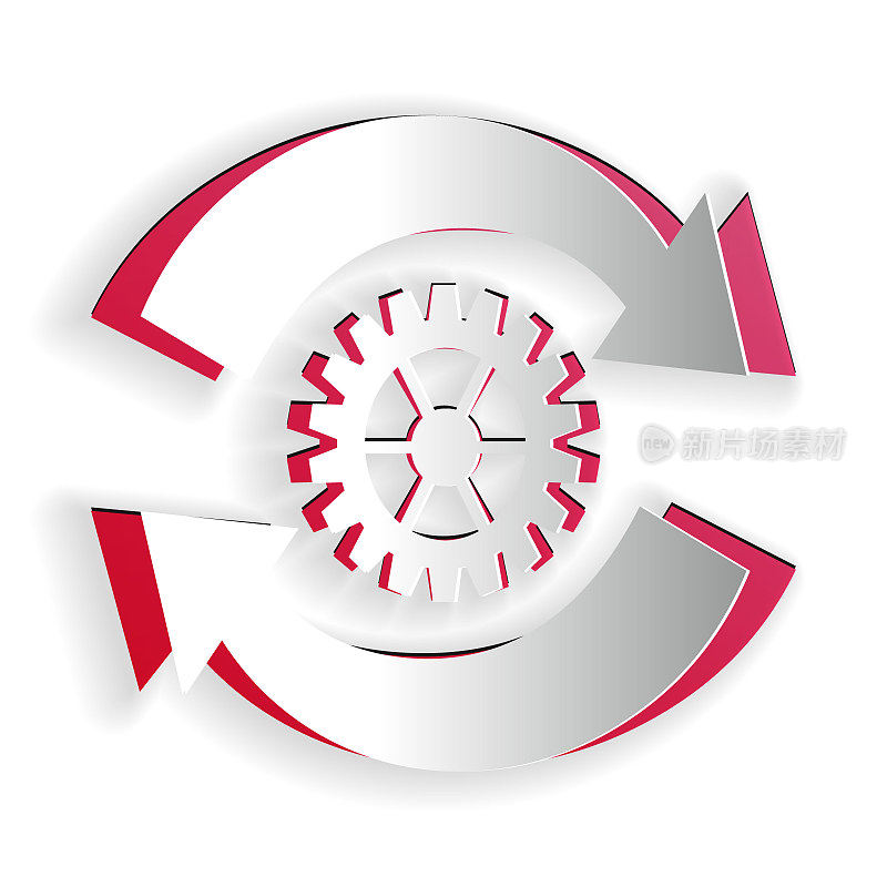 剪纸齿轮和箭头作为工作流概念图标孤立在白色背景。齿轮重载的迹象。纸艺术风格。向量