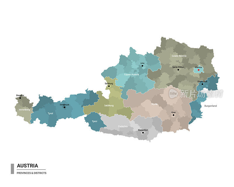 奥地利高详细地图与细分。奥地利行政地图与地区和城市的名称，颜色由州和行政区域。矢量插图。