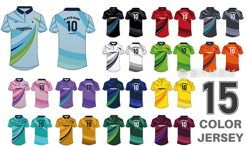 运动马球领t恤运动衫设计集矢量模板，板球运动衫概念与足球，足球和网球的前和后视图。运动制服有15种不同颜色的方式