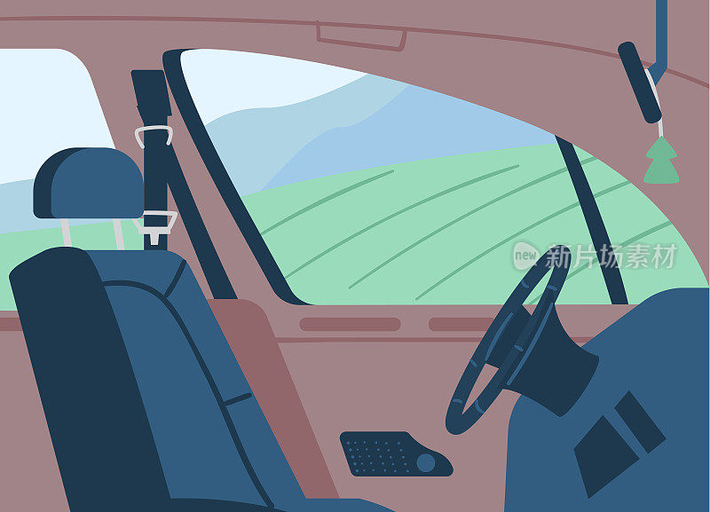 空汽车内饰侧面的司机座位，平面矢量插图。